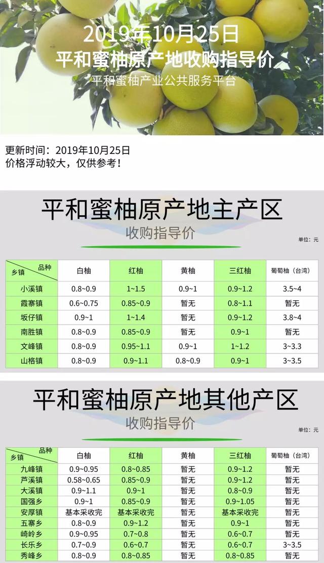 「更新」2019.10.25，平和蜜柚原产地收购指导价-第1张图片-90博客网