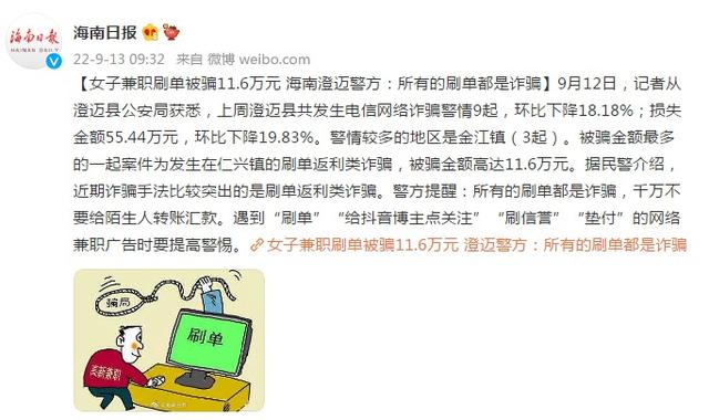 女子兼职刷单被骗11.6万元 海南澄迈警方:所有的刷单都是诈骗-第1张图片-90博客网 女子兼职刷单被骗11.6万元 海南澄迈警方:所有的刷单都是诈骗-第1张图片-90博客网